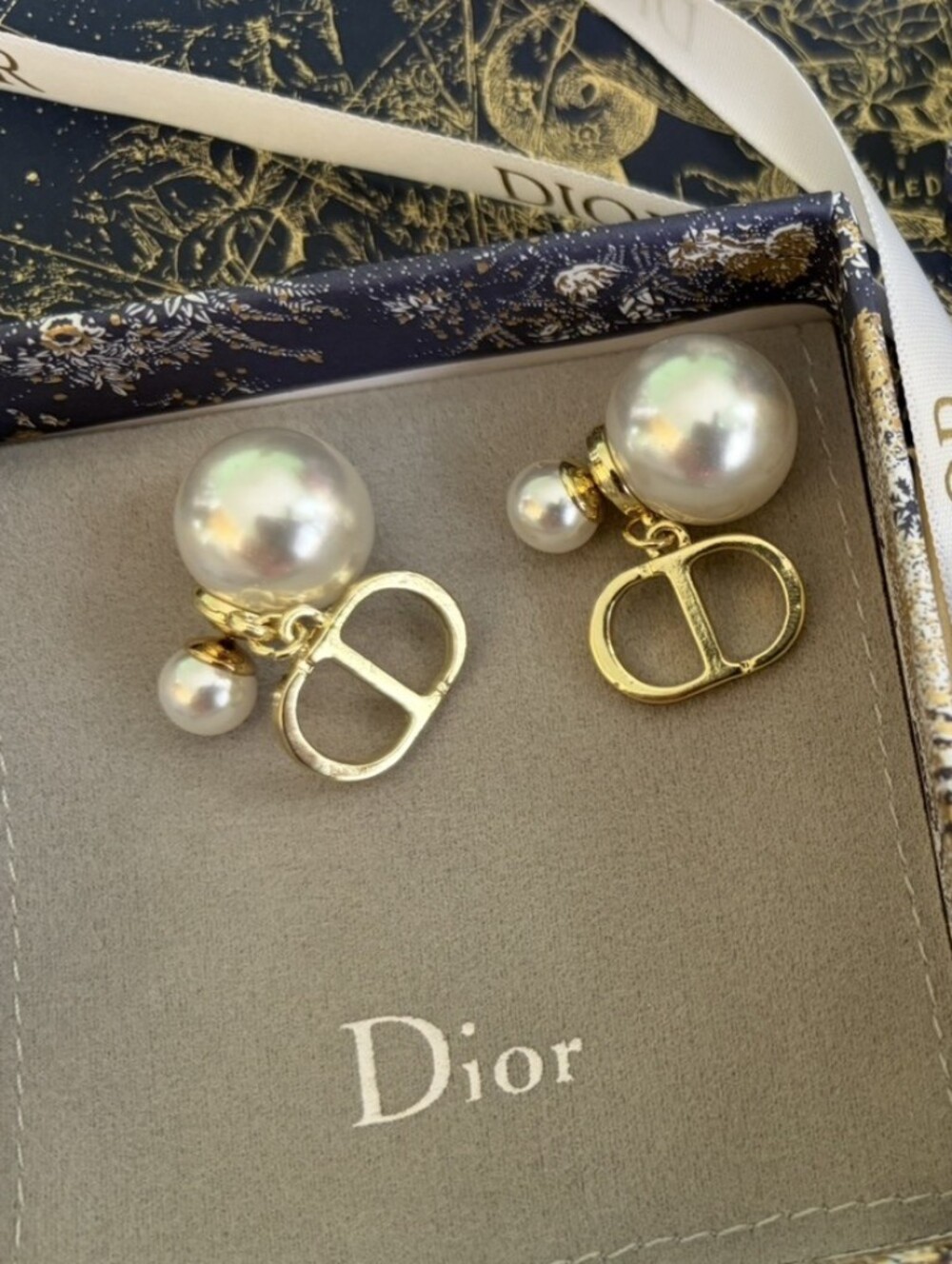 Dior White and Gold Pearl Earrings
